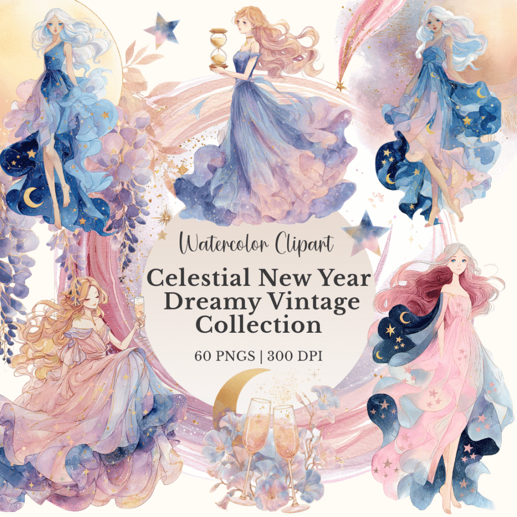 Celestial Watercolor Clipart Bundle – 60+ Dreamy Vintage Moons, Stars ...