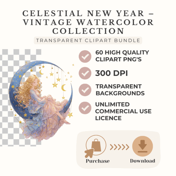 Celestial new year vintage watercolor collection pngs 300DPI