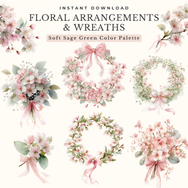 Cherry blossom floral arrangements and wreath clipart in sage tones, watercolor bouquets and pearl wreaths