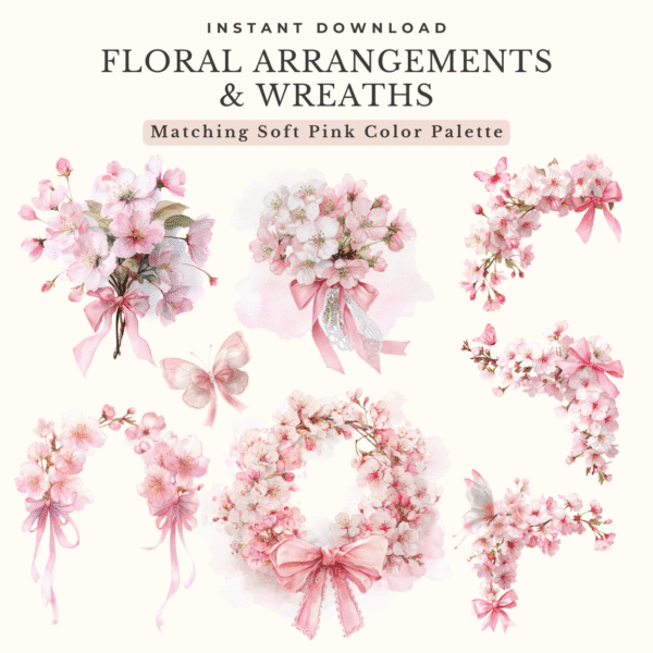 Cherry blossom floral arrangements and wreath clipart in soft pink tones, watercolor bouquets and pearl wreaths