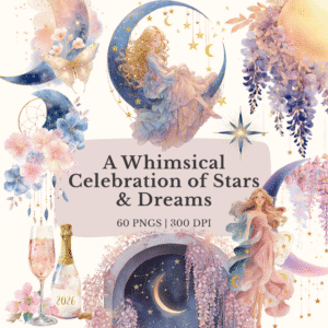 Dreamy feminine celestial clip art whimsical watercolor style
