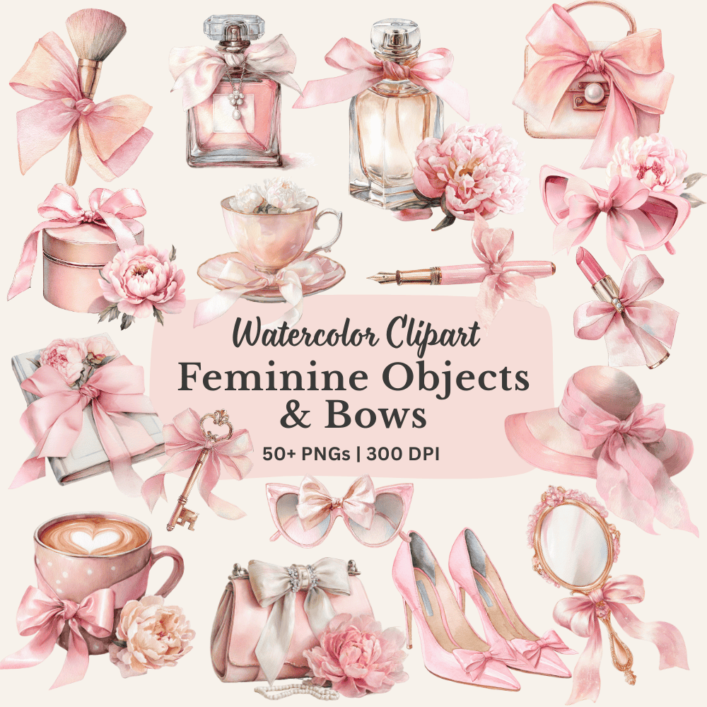 Pink Coquette Watercolor Clipart Bundle – 50 Romantic PNG Elements with Bows, Peonies & Charming Objects | Soft Pastel Aesthetic 2 Pink Coquette Feminine Watercolor Clipart Bundle, 50 Romantic PNG Elements with Bows, Peonies, Soft Pastel Aesthetic