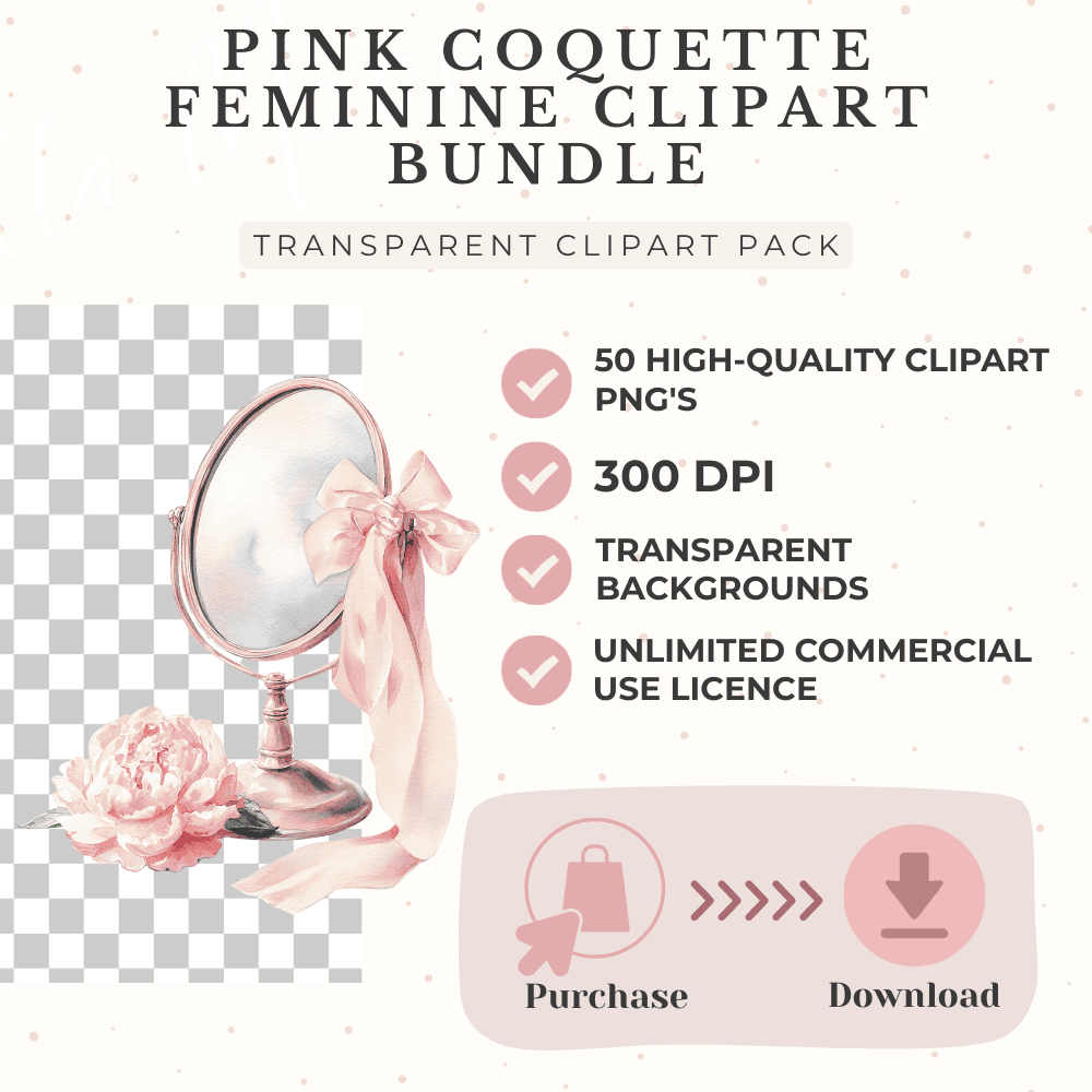 Pink Coquette Watercolor Clipart Bundle – 50 Romantic PNG Elements with Bows, Peonies & Charming Objects | Soft Pastel Aesthetic 6 Pink coquette feminine clipart set with unlimited commercial licence