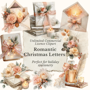 Romantic Christmas letter scenes with candles, ribbons, and blush roses watercolor clipart