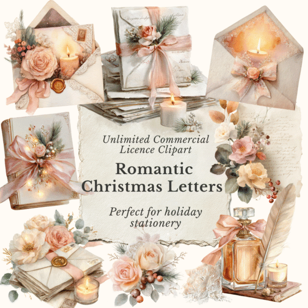 Romantic Christmas letter scenes with candles, ribbons, and blush roses watercolor clipart