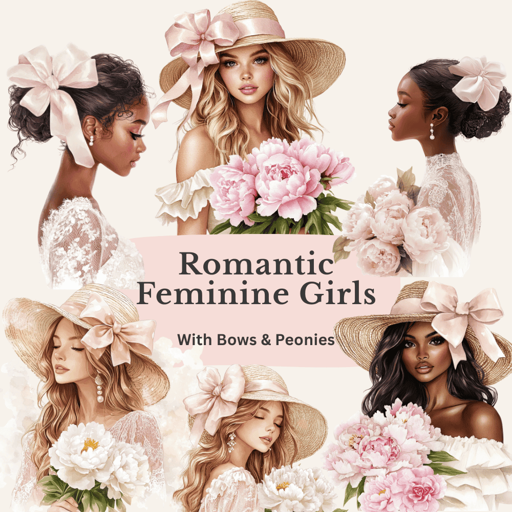 Pink Coquette Watercolor Clipart Bundle – 50 Romantic PNG Elements with Bows, Peonies & Charming Objects | Soft Pastel Aesthetic 3 Romantic feminine girly clipart with bows and peonies