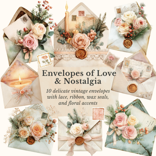 Vintage Christmas envelopes with lace, ribbons, and wax seals for journaling and stationery design