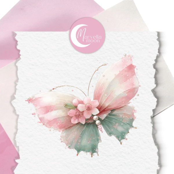 Watercolor butterfly and cherry blossom clipart bundle in soft pink and sage green