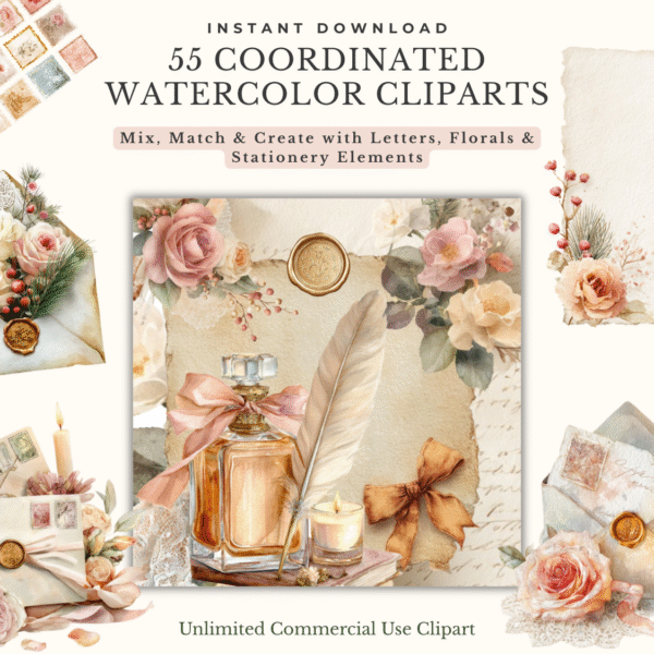 Watercolor clipart digital art stationery elements with unlimited commercial licence use