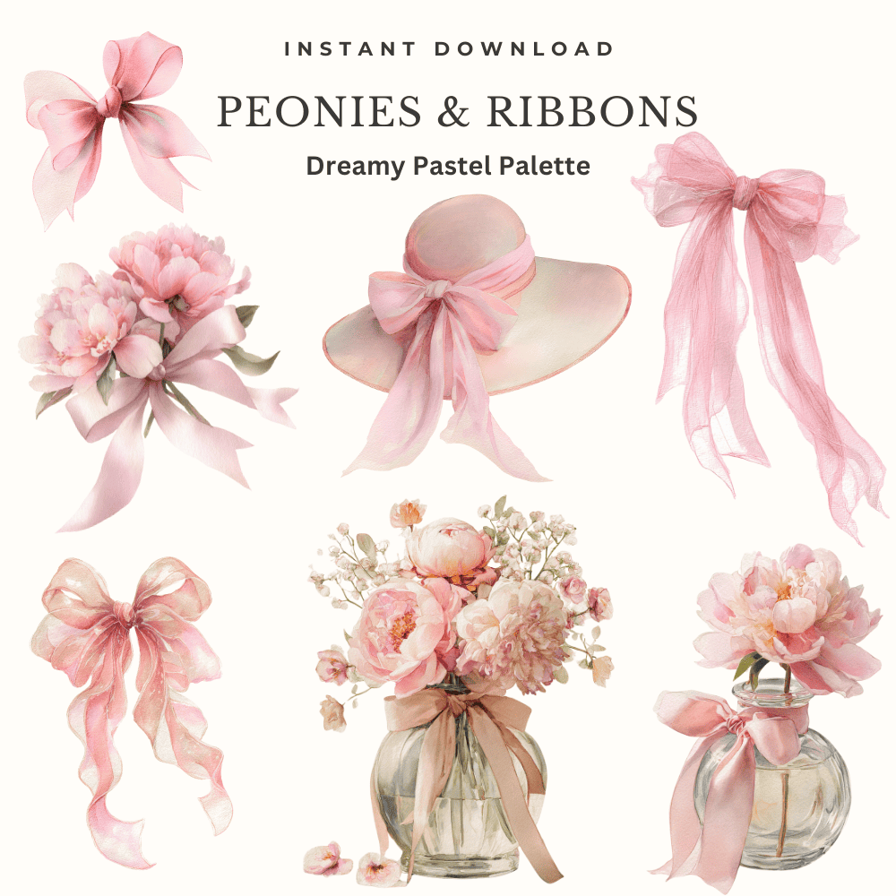 Pink Coquette Watercolor Clipart Bundle – 50 Romantic PNG Elements with Bows, Peonies & Charming Objects | Soft Pastel Aesthetic 4 Watercolor florals with peonies and ribbons transparent PNGs