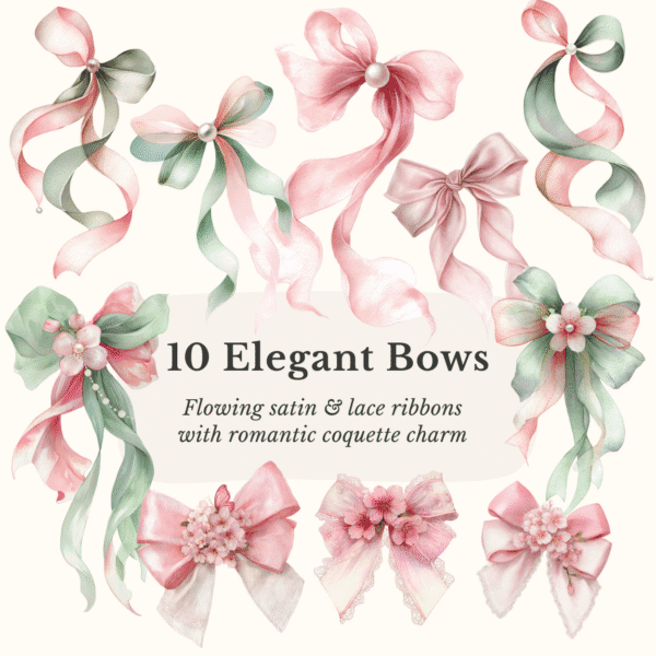 Watercolor satin and lace bows in soft pink and sage green, flowing ribbons with cherry blossoms clipart
