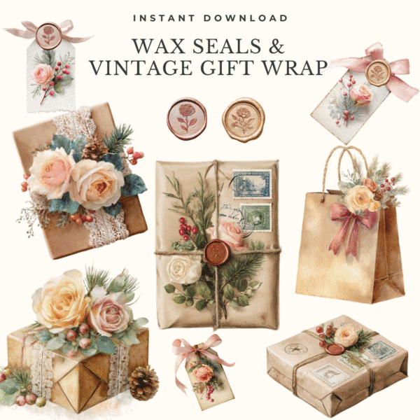Wax seals and vintage kraft paper gift packaging with ribbons and roses in blush pastel tones