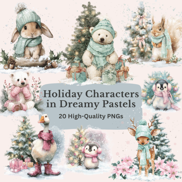 Christmas Winter Animals Clipart: 20 Cute Watercolor PNGs with Snowy Backgrounds for Junk Journals & Holiday Card Making (Digital Download) - Image 2
