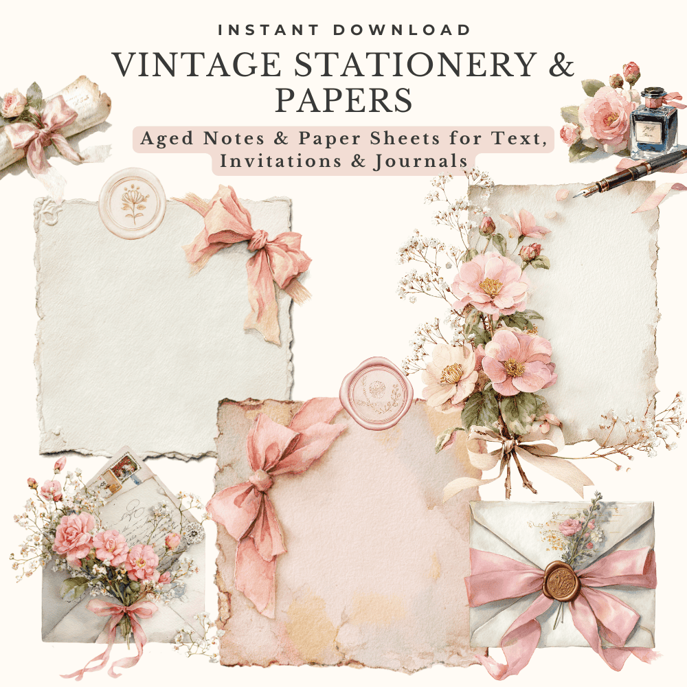 Vintage Typewriter Clipart | 45 Romantic Watercolor Elements for Coquette Writer’s Desk & Stationery Designs 5 antique letters and postcard clipart with aged paper sheets for text overlays and vintage stationery art