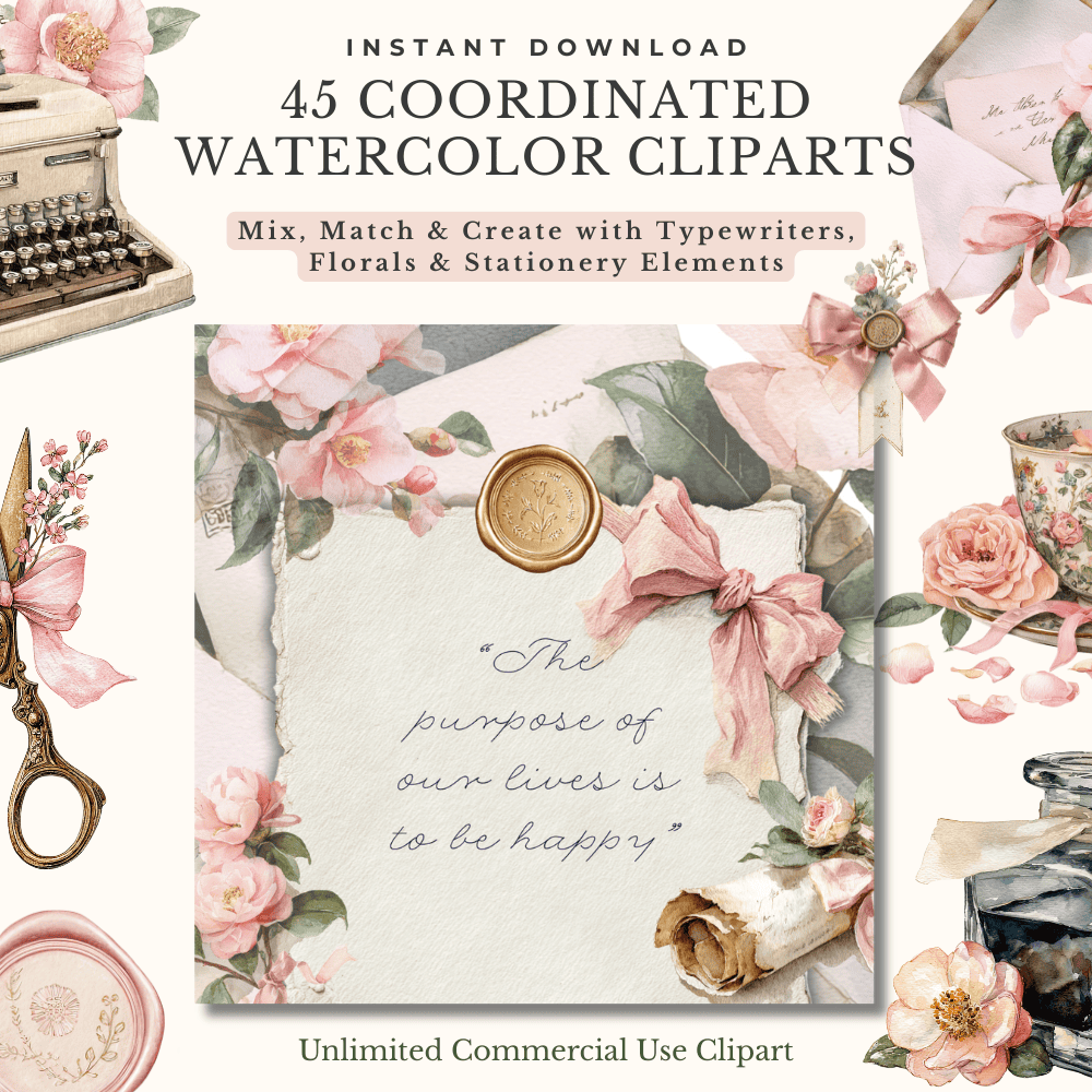 Vintage Typewriter Clipart | 45 Romantic Watercolor Elements for Coquette Writer’s Desk & Stationery Designs 7 full coquette writer’s desk clipart bundle with typewriters, florals and stationery elements 40 png files