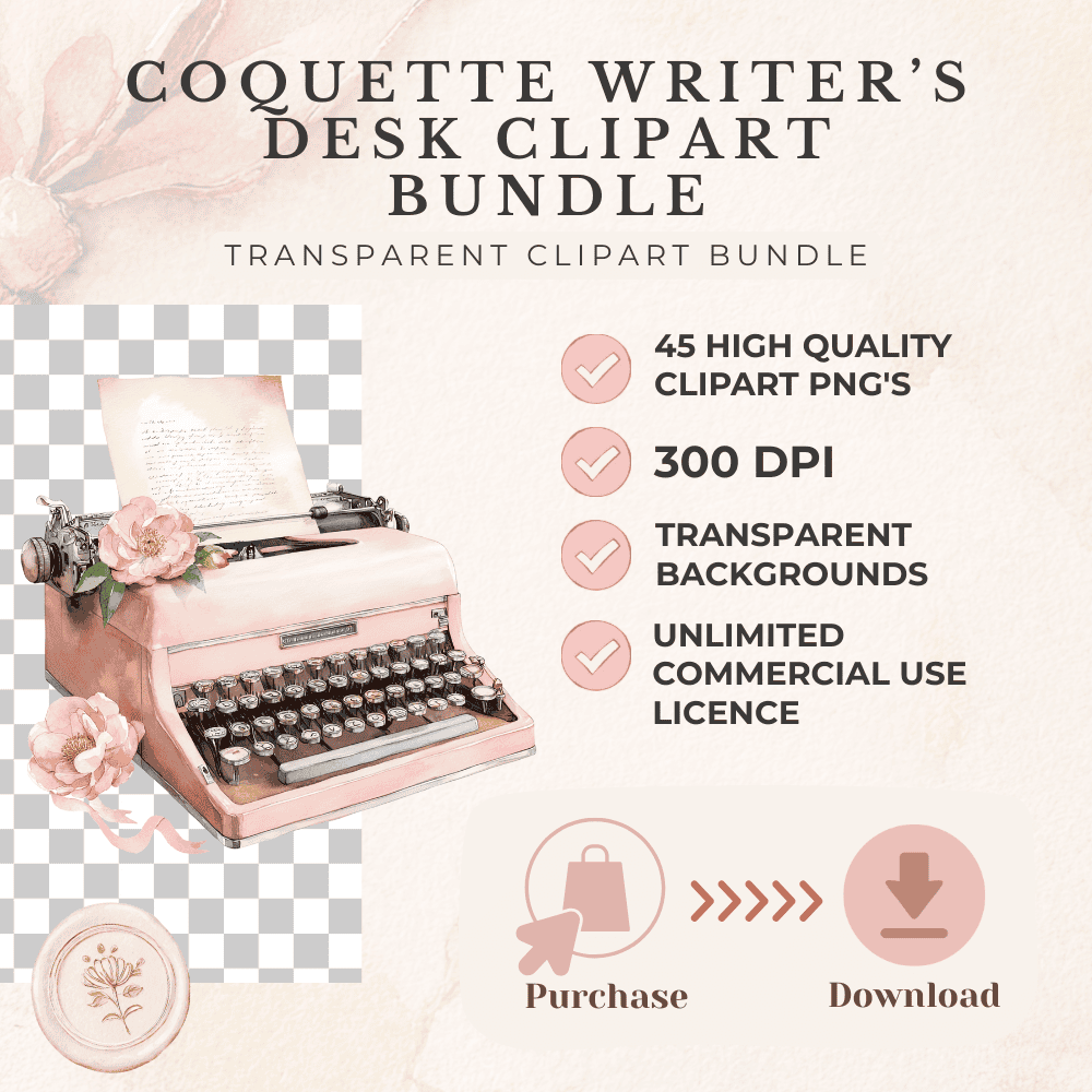 Vintage Typewriter Clipart | 45 Romantic Watercolor Elements for Coquette Writer’s Desk & Stationery Designs 8 high quality vintage typewriter clipart bundle 300dpi transparent pngs instant download commercial use