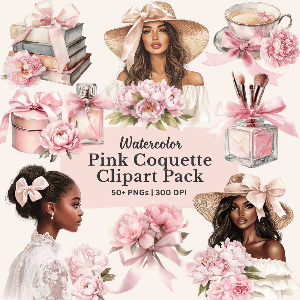 Pink Coquette Watercolor Clipart Bundle – 50 Romantic PNG Elements with Bows, Peonies & Charming Objects | Soft Pastel Aesthetic 1 pink coquette watercolor clipart