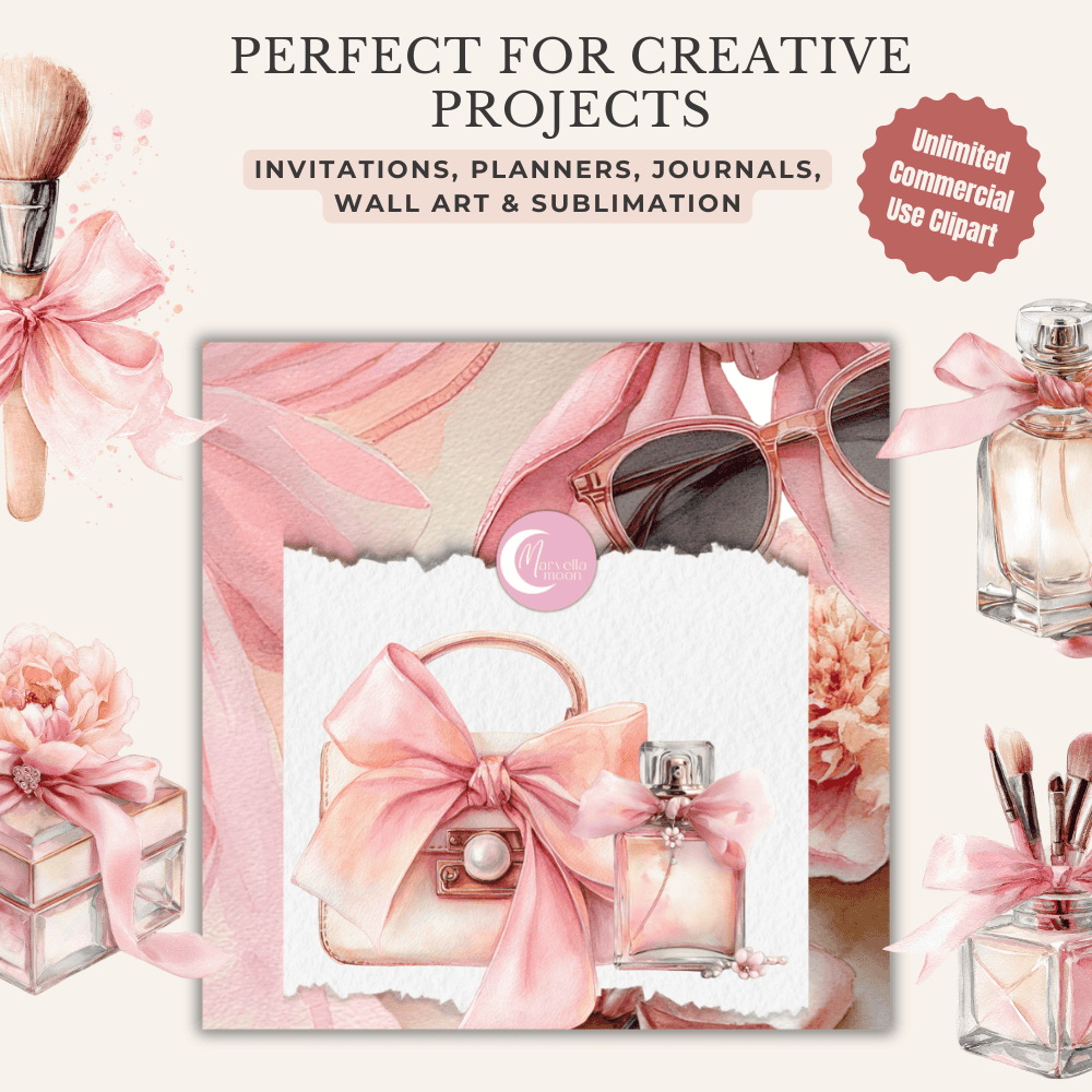 Pink Coquette Watercolor Clipart Bundle – 50 Romantic PNG Elements with Bows, Peonies & Charming Objects | Soft Pastel Aesthetic 5 pink feminine clipart perfect for creative projects, planners, journals and wallart