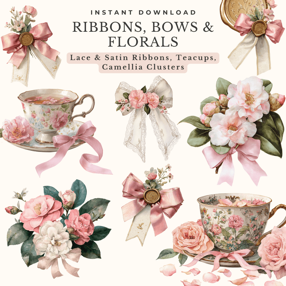 Vintage Typewriter Clipart | 45 Romantic Watercolor Elements for Coquette Writer’s Desk & Stationery Designs 6 romantic floral and ribbon clipart with pink bows, camellias and lace details in soft watercolor style