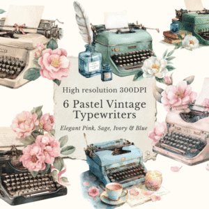 six pastel vintage typewriter clipart designs in pink, ivory, sage and blue watercolor for feminine projects