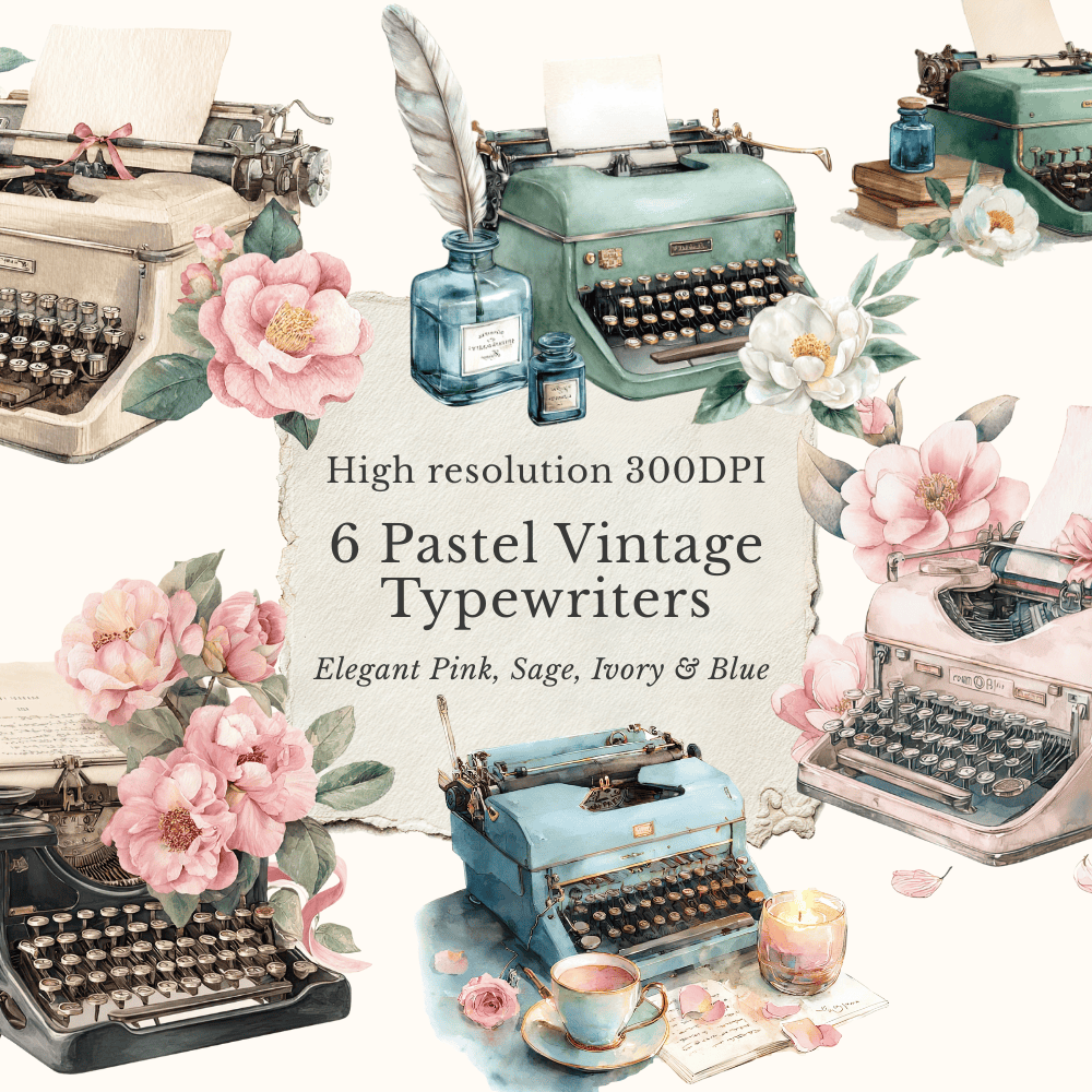 Vintage Typewriter Clipart | 45 Romantic Watercolor Elements for Coquette Writer’s Desk & Stationery Designs 2 six pastel vintage typewriter clipart designs in pink, ivory, sage and blue watercolor for feminine projects
