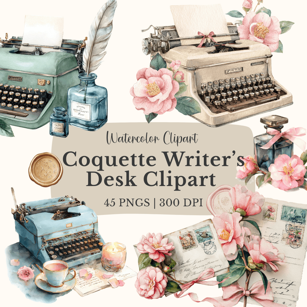 Vintage Typewriter Clipart | 45 Romantic Watercolor Elements for Coquette Writer’s Desk & Stationery Designs 1 vintage typewriter clipart bundle