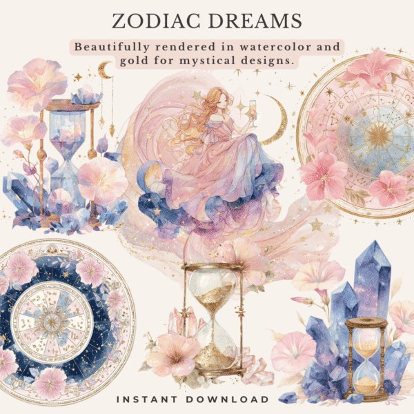 watercolor celestial, vintage new year clipart, soft feminine stars and moons, cosmos flowers, dusty pink and gold,