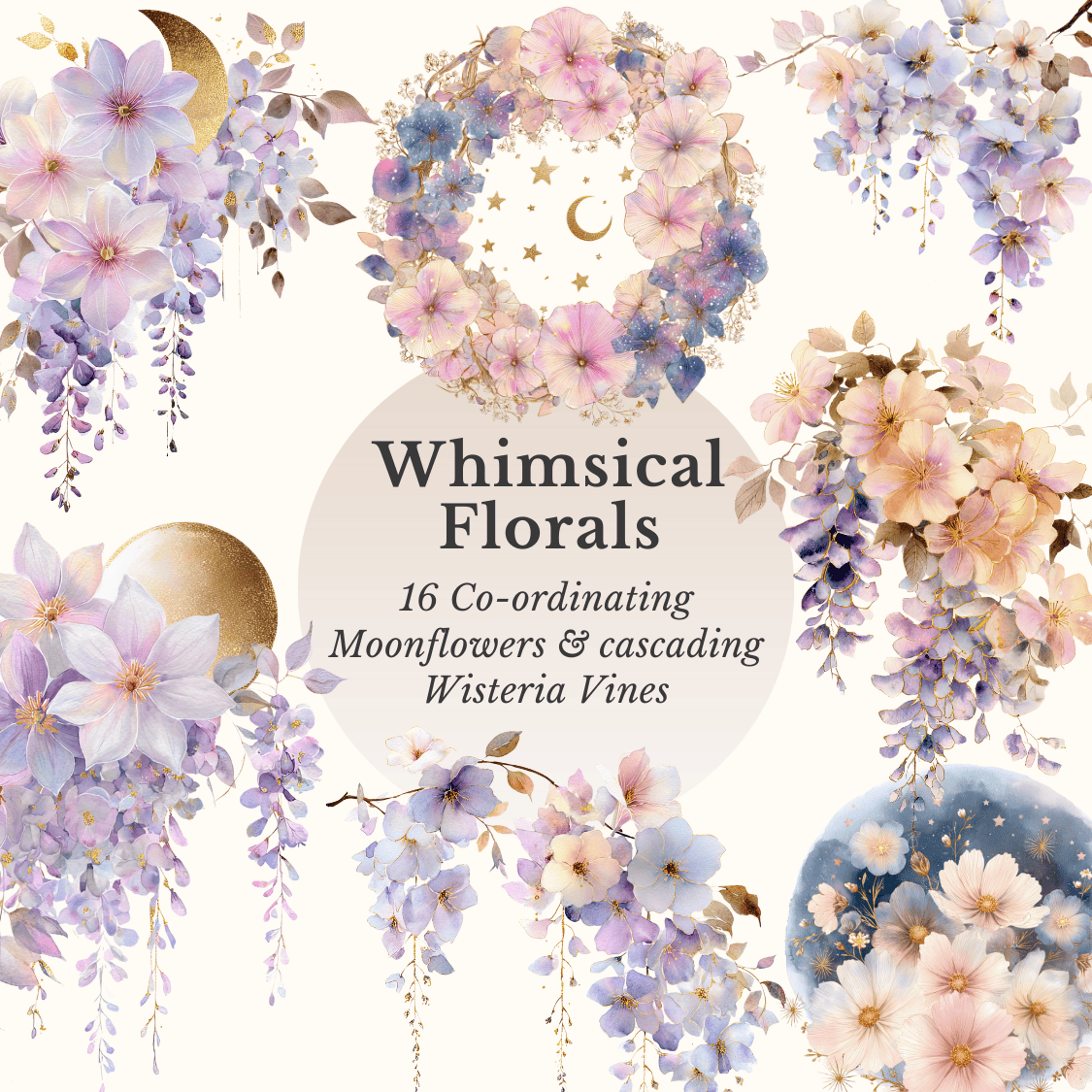 watercolor florals with moonflowers and wisteria vines in blush and violet, vintage celestial botanical clipart with gold accents