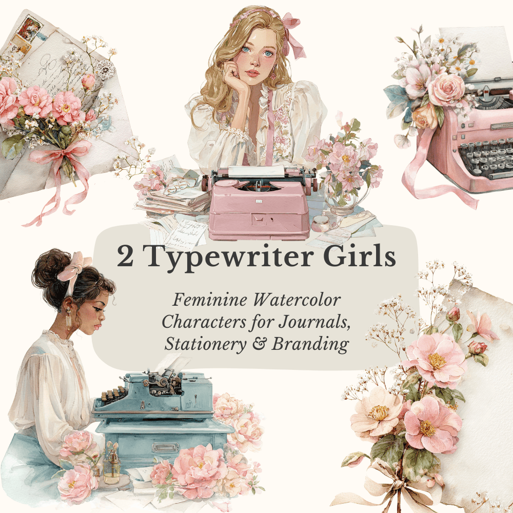 Vintage Typewriter Clipart | 45 Romantic Watercolor Elements for Coquette Writer’s Desk & Stationery Designs 3 watercolor typewriter girl illustrations in romantic coquette style for journals and stationery designs