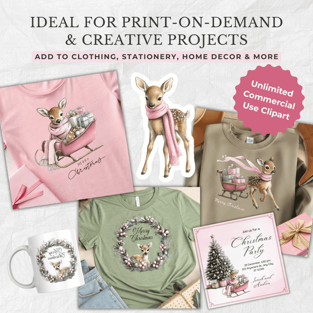 Pink Christmas Fawns Clipart | 56 Soft Watercolor Deer PNGs | Pastel Woodland Illustrations for Holiday Crafts 6 Christmas fawn clip art bundle ideal for POD and creative projects