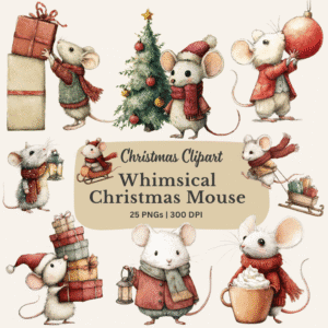 Vintage Christmas mouse clipart bundle – 20 whimsical hand-drawn Victorian mouse illustrations
