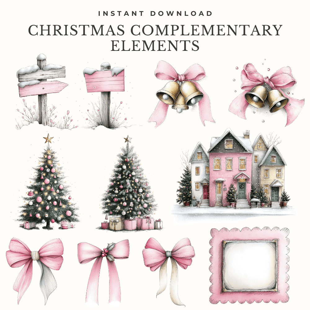 Pink Christmas Fawns Clipart | 56 Soft Watercolor Deer PNGs | Pastel Woodland Illustrations for Holiday Crafts 4 Complementary Christmas clipart elements including trees, gifts, bows, jingle bells, cottage, and signpost in pink pastel tones.