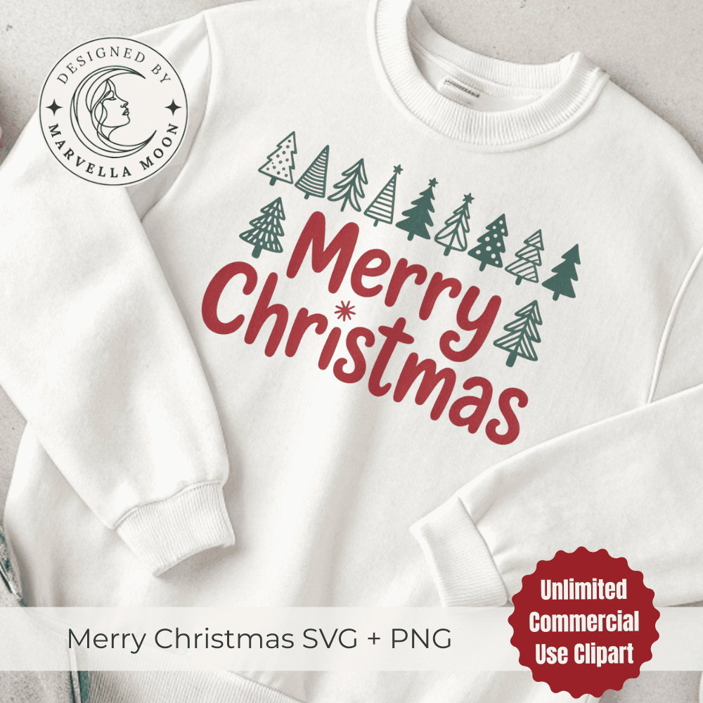 Merry Christmas PNG for Sublimation and Print-on-Demand | Ready-to-Use SVG File for T-Shirts and Mugs 4 Festive Merry Christmas text design on white sweatshirt mockup, watercolor holiday PNG and SVG for Christmas