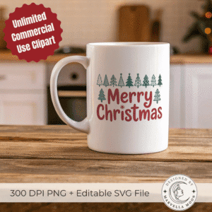Merry Christmas SVG design displayed on a festive mug mockup, watercolor text art for Christmas sublimation