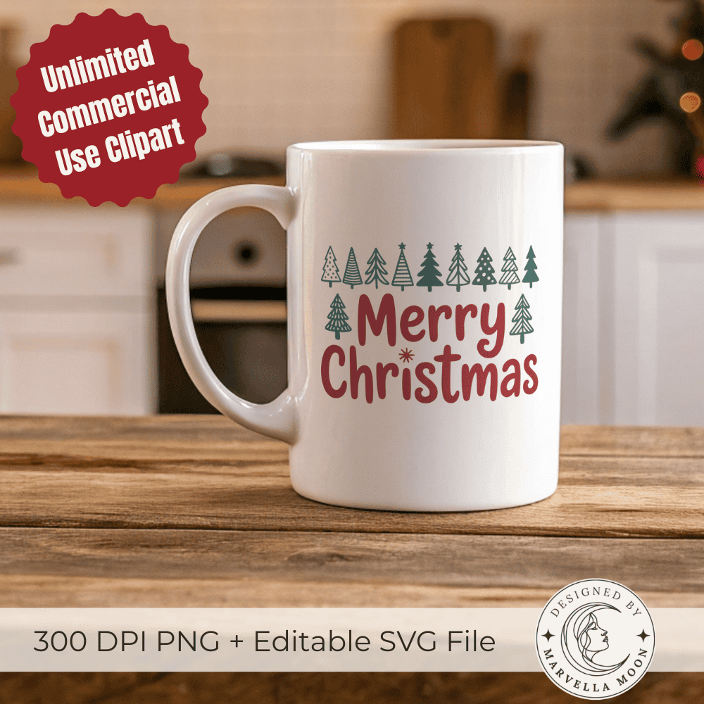 Merry Christmas PNG for Sublimation and Print-on-Demand | Ready-to-Use SVG File for T-Shirts and Mugs 2 Merry Christmas SVG design displayed on a festive mug mockup, watercolor text art for Christmas sublimation
