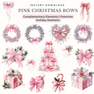 Pink Bows with Christmas tree, gift, candy cane, pink ribbon, ribbon heart, christmas bow