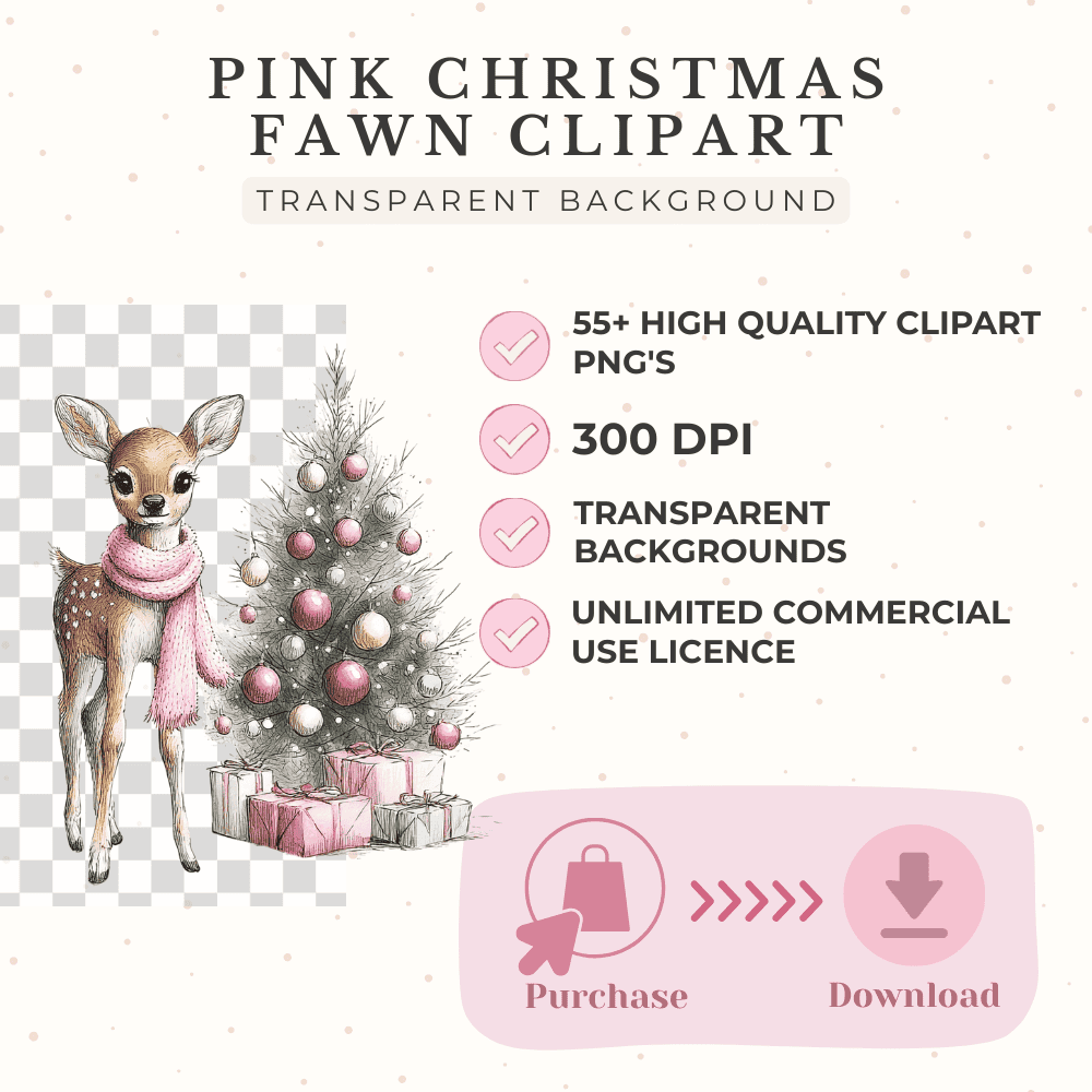 Pink Christmas Fawns Clipart | 56 Soft Watercolor Deer PNGs | Pastel Woodland Illustrations for Holiday Crafts 8 Pink Christmas Fawn PNGs, high resolution, 300DPI, unlimited commercial use licence