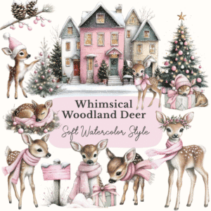 Pink Christmas baby deer watercolor clipart set with 26 hand-painted character poses in soft pastel tones Pink Christmas baby deer watercolor clipart set with 26 hand-painted character poses in soft pastel tones