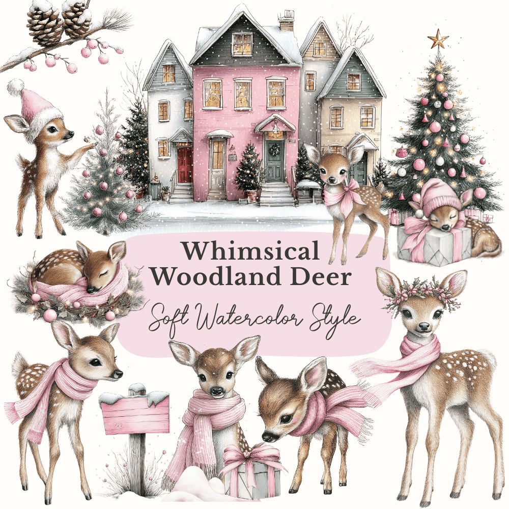 Pink Christmas Fawns Clipart | 56 Soft Watercolor Deer PNGs | Pastel Woodland Illustrations for Holiday Crafts 2 Pink Christmas baby deer watercolor clipart set with 26 hand-painted character poses in soft pastel tones