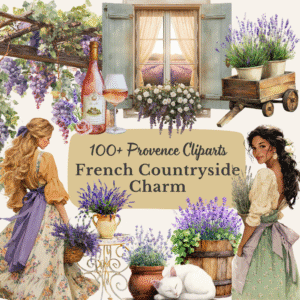 Rustic garden clipart from Lavender French Provence set, wheelbarrow, basket, watering can, and lavender illustrations