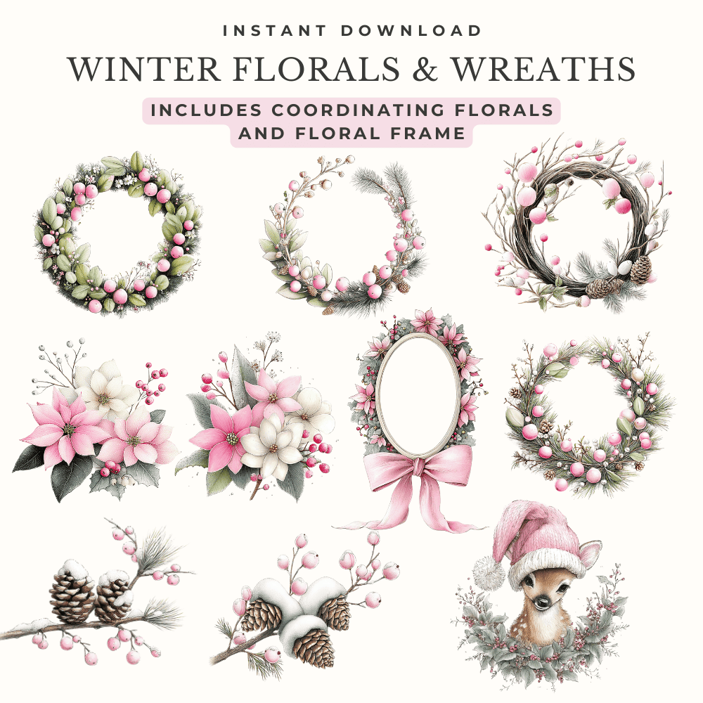 Pink Christmas Fawns Clipart | 56 Soft Watercolor Deer PNGs | Pastel Woodland Illustrations for Holiday Crafts 5 Watercolor Christmas florals and wreaths in pink and soft greenery