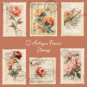 Antique floral postage stamp clipart in a soft vintage style with layered ephemera and parchment textures Antique floral postage stamp clipart in a soft vintage style with layered ephemera and parchment textures