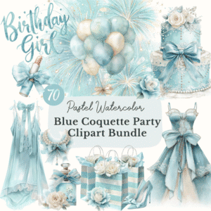 Blue coquette party clipart, pastel watercolor PNGs Blue coquette party clipart, pastel watercolor PNGs