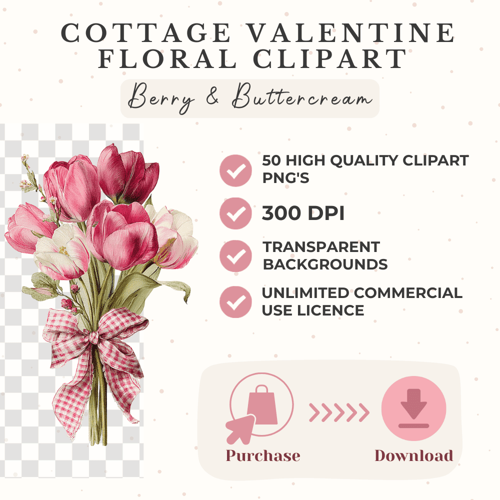 Cottage Valentine Floral Clipart | 45 Romantic Berry and Buttercream Vintage Watercolor PNGs 9 Cottage Valentine Floral Clipart Bundle 300DPI PNG with unlimited commercial licence