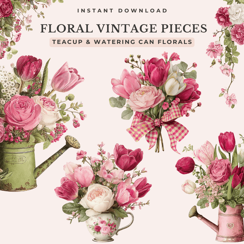 Cottage Valentine Floral Clipart | 45 Romantic Berry and Buttercream Vintage Watercolor PNGs 3 Floral Vintage Clipart for Valentine projects, Teacups and Watering Can Florals