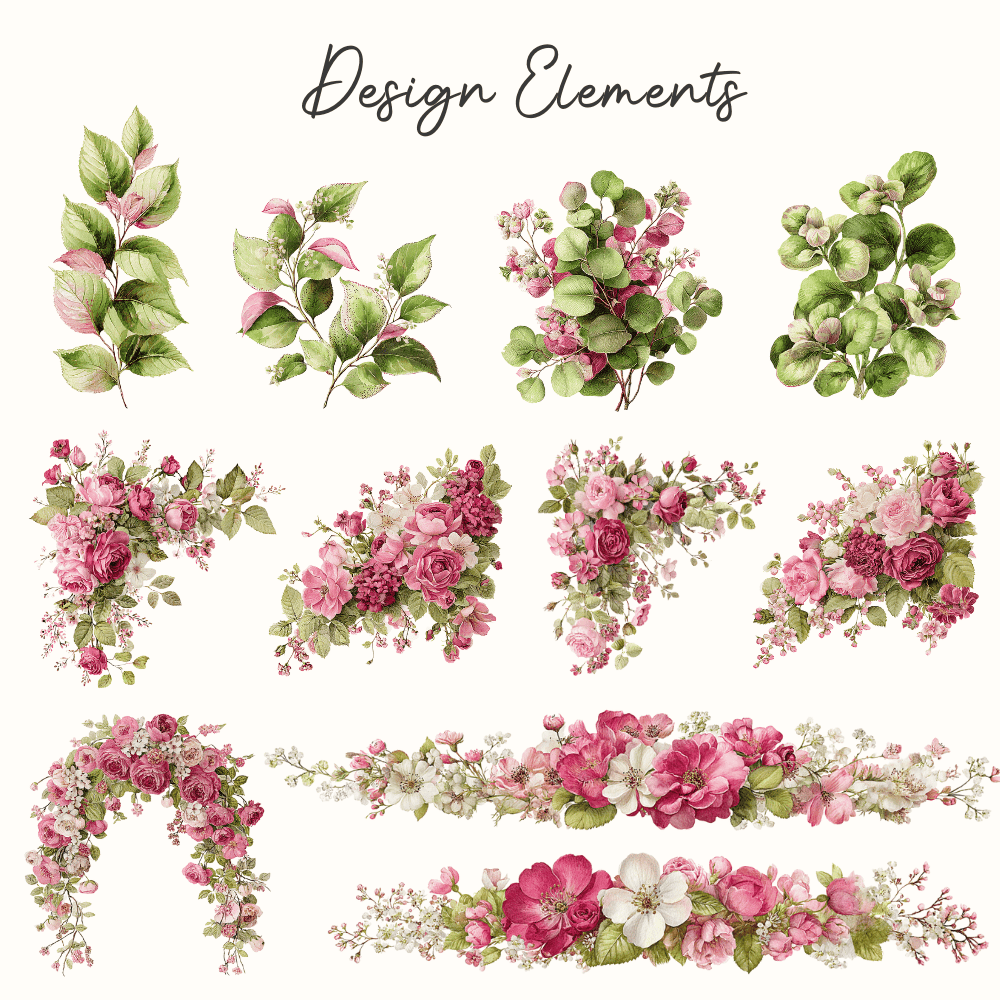 Cottage Valentine Floral Clipart | 45 Romantic Berry and Buttercream Vintage Watercolor PNGs 8 Romantic pink and red Floral design elements for Valentine Card Design