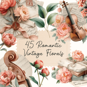 Romantic vintage peony clipart with antique paper and music note details Romantic vintage peony clipart with antique paper and music note details