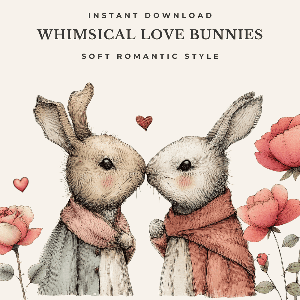 20 Charming Vintage Valentine Clipart Designs – Whimsical Watercolor Rabbit PNGs 3 Vintage Valentine rabbit clipart featuring hand-drawn watercolor bunnies holding hearts, flowers, and love letters