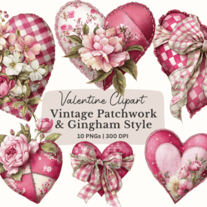 Stitched Valentine heart clipart in vintage patchwork and gingham fabric style