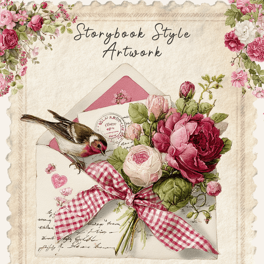 Storybook-style vintage floral love letter clipart in soft watercolor illustration